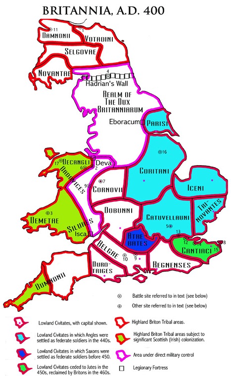 Map of Roman Britain in 400 A.D. showing later settlement by Irish, Angles, Saxons, and Jutes