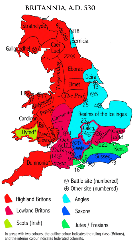 Map of Britain in 530, during the partition after the battle of Badon