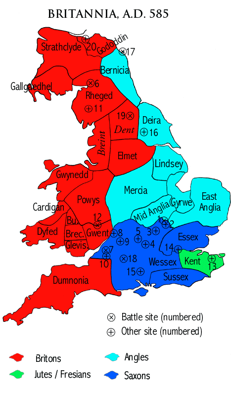Map of Britain in 585, at the height of power of Ceawlin of Wessex