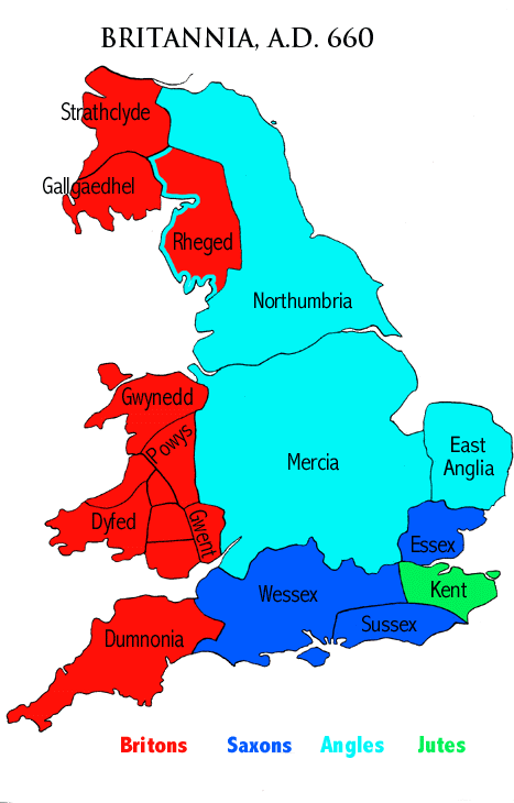 Map of Britain in 660, when the Anglo-Saxon conquest of England was all but complete