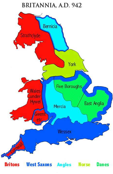 Map of Britain at the time of Erik Bloodaxe, of York, Hywel the Good of Wales, and Donald of Strathclyde